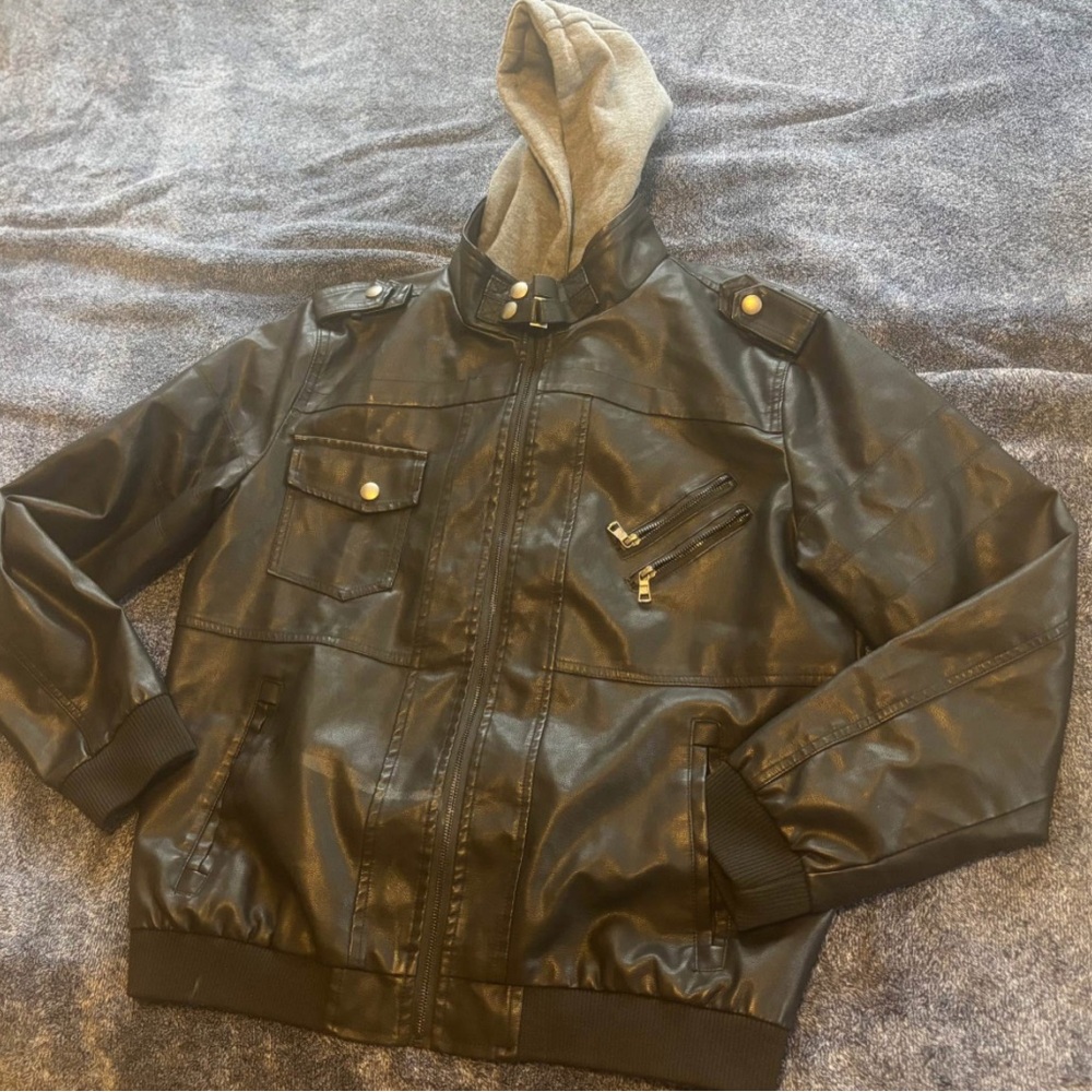Men’s Faux Leather Jacket with removable hood liner